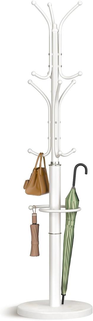 Yoobure Metal Coat Rack Freestanding with Marble Base, Coat Tree with 12 Hooks & Umbrella Holder, Coat Hanger Stand for Corner Entryway Bedroom Office, Heavy Duty Coat Rack Stand for Clothes Hats Bags (White)