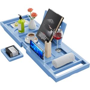 Yirilan Foldable Bamboo Bathtub Tray Caddy, Bathtub Tray, Blue
