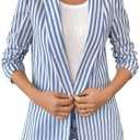 Floerns Women's Striped 3/4 Sleeve Blazer Jacket Collared Neck Business Casual Suit Jacket, L