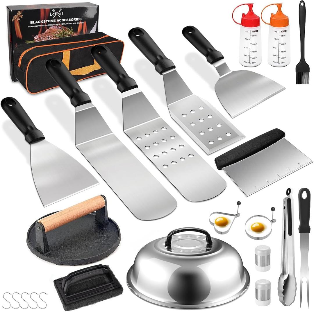 Griddle Accessories Kit, 24Pcs Grilling Accessories Set for Blackstone and Camp Chef, Flat Top Griddle Accessories Set with Scraper, Enlarged Spatulas, Basting Cover for BBQ
