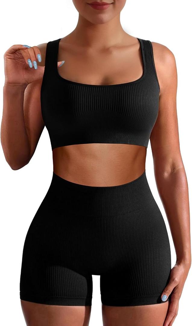 Workout Sets for Women Two Piece Sets for Women Summer Seamless Ribbed High Waist Leggings with Sports Bra Gym Sets (Medium, Black)