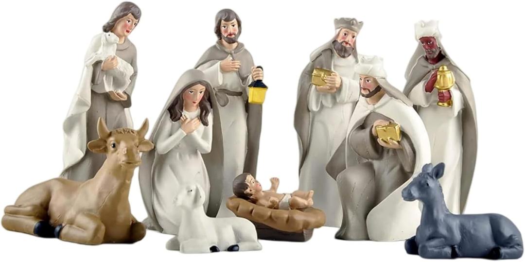 11PCS Nativity Set for Christmas Nativity Scene Resin Figurine Set, Birth of Jesus Ornament, Hand-Painted Holy Family Manger Scene Tabletop Collection Gifts for Christmas Indoor Decor