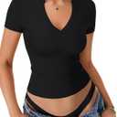 Rooscier Women's Notch V Neck Ribbed Knit Slim Fit Short Sleeve Basic T Shirts Blouse Tops (Black, M)