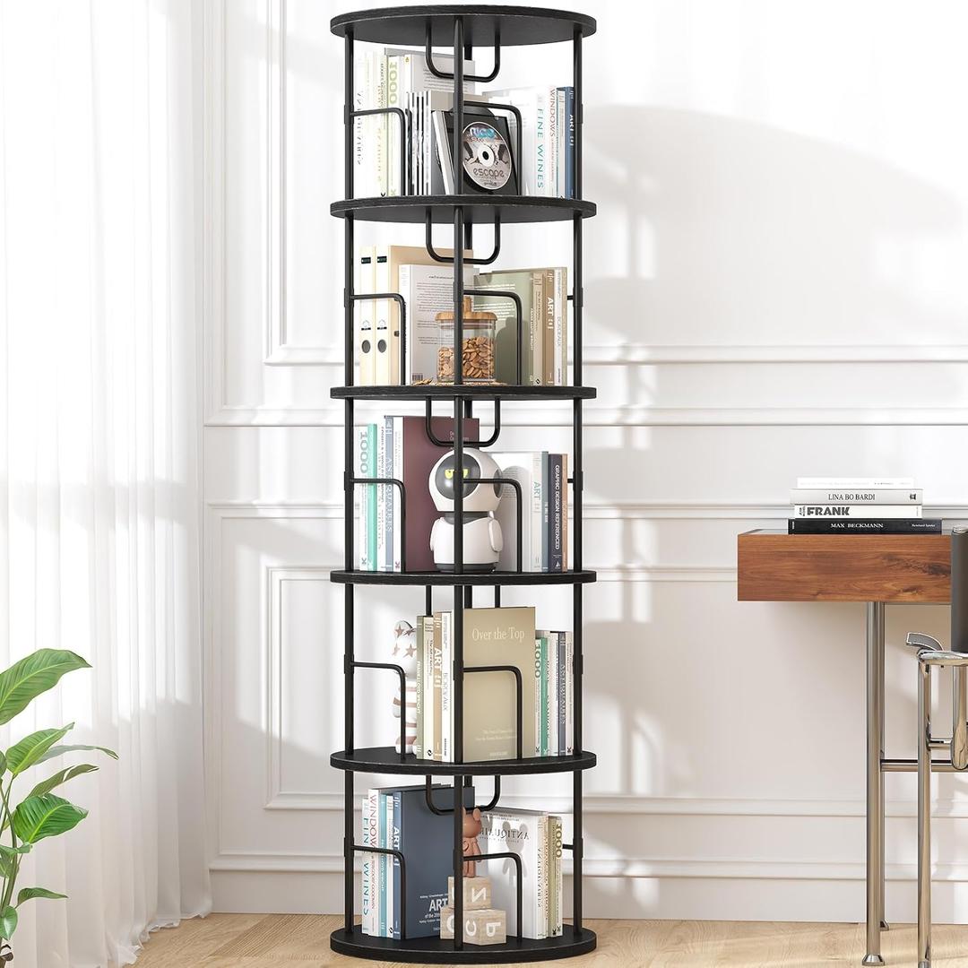 5Tier Rotating Bookshelf, Spinning Bookshelf Tower,360  Display Space Saving Standing Round Swivel Bookcase Corner Storage Organizer for Bedroom Living Room OfficeBlack