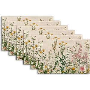 Wildflowers Placemats Set of 6,Floral Vintage Washable Linen Table Mats for Kitchen Dining,Indoor Outdoor Decor,12 x 18 Inches