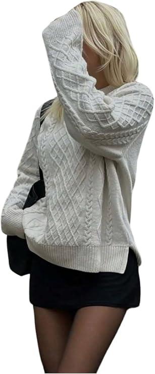 RoseSeek Women's Cable Knit Sweater Crew Neck Long Sleeve Loose Pullover Jumpers, White, L