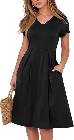 Women Summer Dress Casual Short Sleeve V Neck A-Line Knee Length Pleated Flowy 2026 Fashion Midi Dresses with Pocket Size S