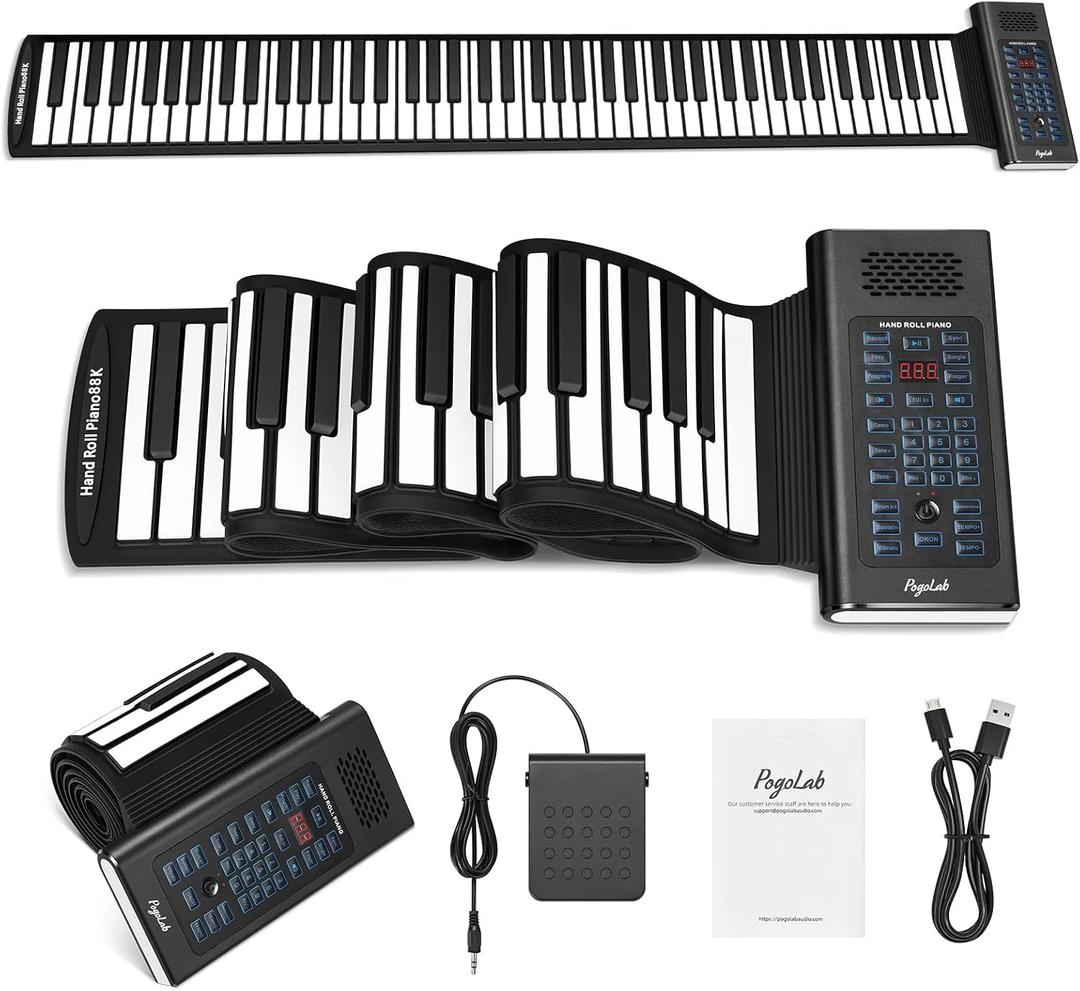 POGOLAB 88 Keys Roll Up Keyboard Piano, Portable Electric Foldable Piano with Sustain Pedal, 20 Songs, 128 Tones, 128 Rhythms, Rechargeable & Wireless BT, Music Gift for Beginners (with LED Display)