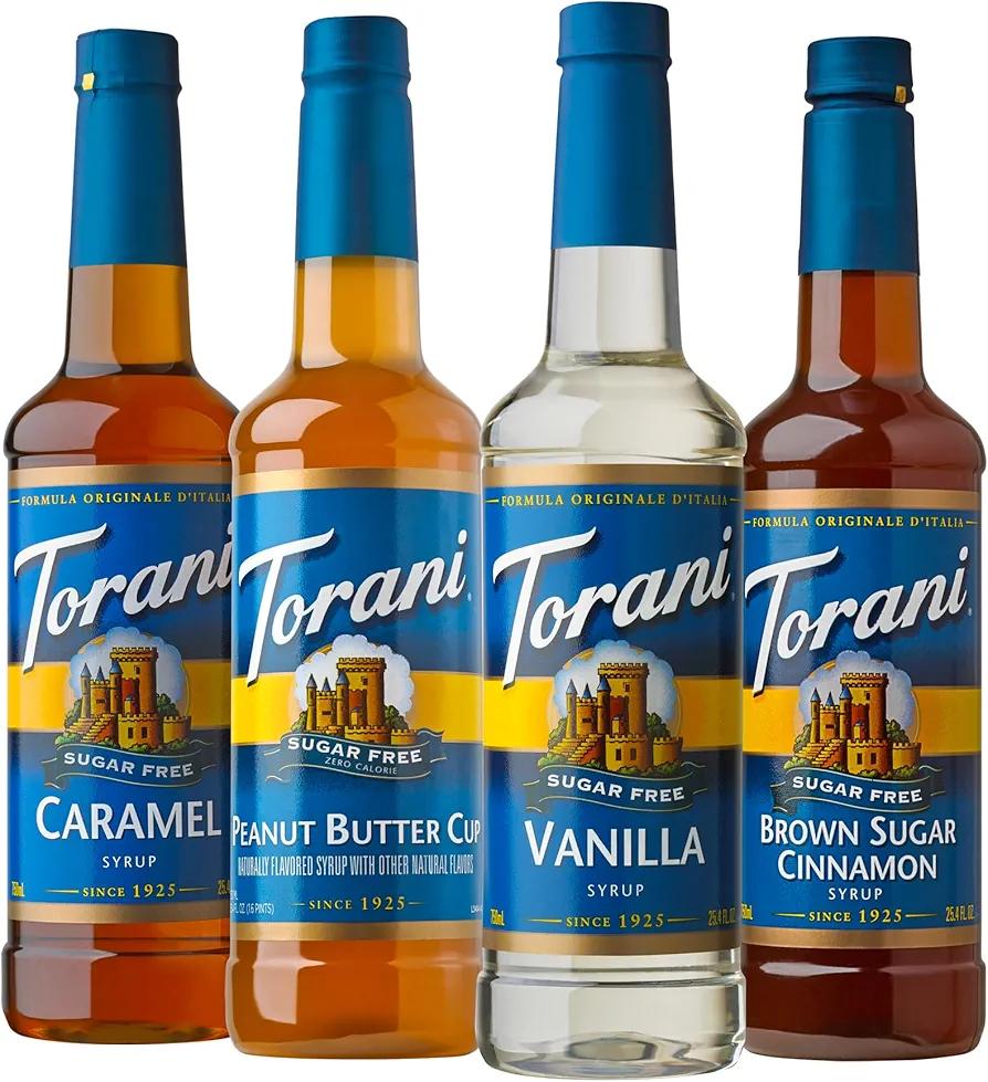Torani Sugar Free Flavored Drink Syrup Coffee Favorites Variety Pack, Caramel, Peanut Butter Cup, Vanilla & Brown Sugar Cinnamon, 25.4 fl oz (Set of 4) EXP. 10/15/27