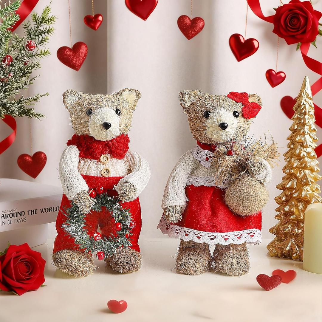 Lulu Home 2 Packs Valentine's Day Decorations, Xmas Bears Tabletop Ornaments for Mantel Fireplace Window Sill Holiday Christmas Indoor Decor & Gifts