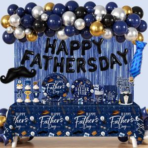 Fathers Day Decorations,230Pcs Happy Fathers Day Decorations- Best Father Ever Paper Plates and Napkins,Cups,Cake Topper,Balloons Arch,Decoracion Para El Dia Del Padre for Fathers Day Party Supplies