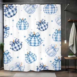 Blue Plaid Pumpkin Shower Curtain 60Wx72L Inch Autumn Fall Farmhouse Rustic Polka Dot Bathroom Set Accessories Decor with 12 Pack Hooks