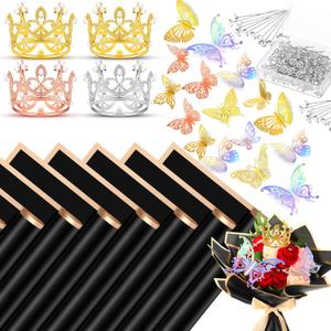 Seajan 192 Pcs Flower Bouquet Accessories Include 40 Sheets Flower Wrapping Paper 4 Mini Crowns 48 Butterfly 100 Corsage Bouquet Pin for Valentine Women Wedding Birthday Mother's Day(Cute Color)