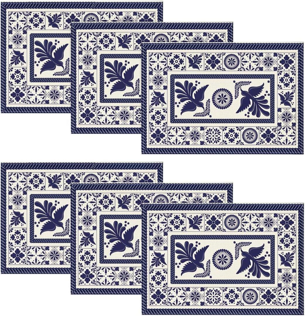 Artoid Mode Talavera Tiles Floral Phoenix Fiesta Mexican Placemats Set of 6, 12x18 Inch Seasonal Fall Holiday Table Mats for Party Kitchen Dining Decoration (Blue/Beige)