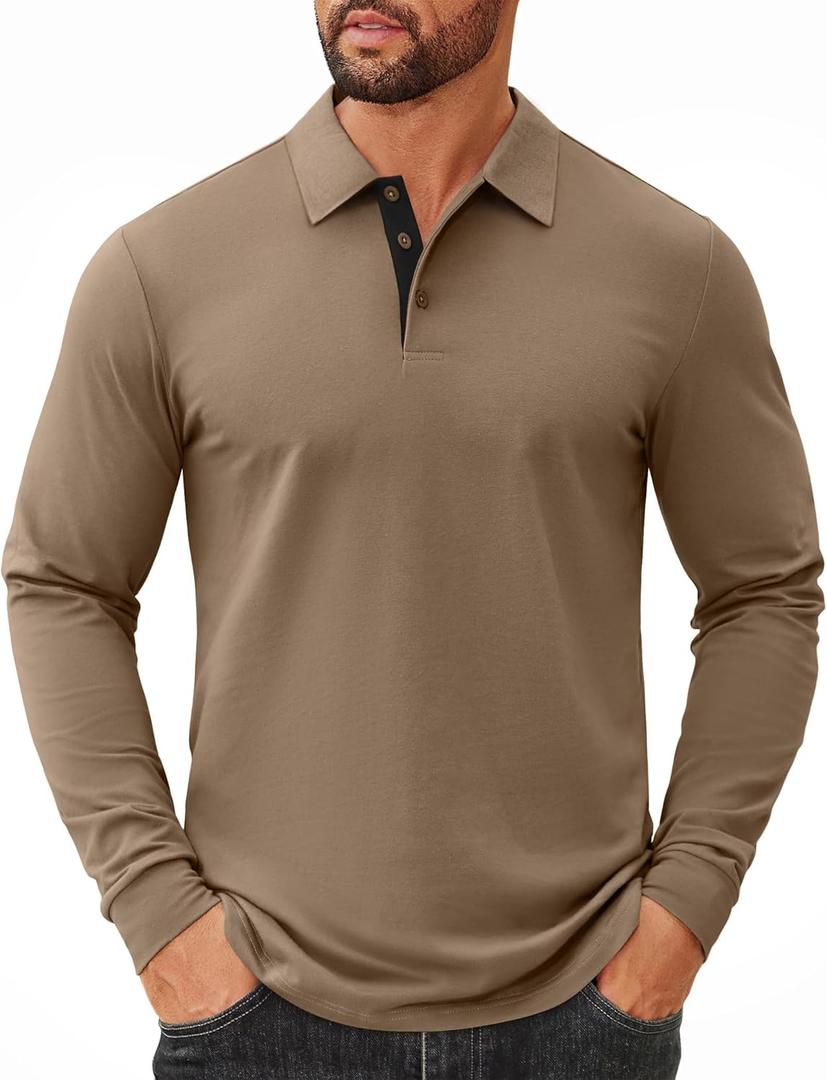 COOFANDY Mens Long Sleeve Polo Shirts Cotton Collared Shirts Casual Business Polo Classic Golf T Shirts (3X-Large, Khaki)