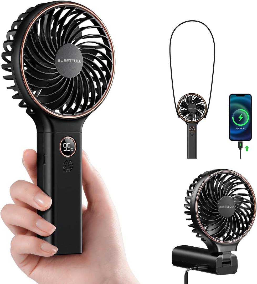SWEETFULL Handheld Portable Fan, 5000mAh Rechargeable Battery, 6 Speed Wind, LED Digital Display, Foldable Electric Personal Mini Travel Fan with Backup Power, Summer Essentials Gifts for Women Girl (Black)