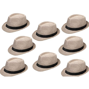 7 Pack Classic Fedora Hat with Short Brim, Straw Panama Style, for Men Women Party Costume, Circumference 60 cm (Beige)