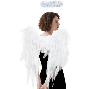 Angel Wings and Halo Headband for Women Adults Girls - Chiffon Fairy Wings, Costume for Halloween Christmas Party Cosplay (Medium, White)