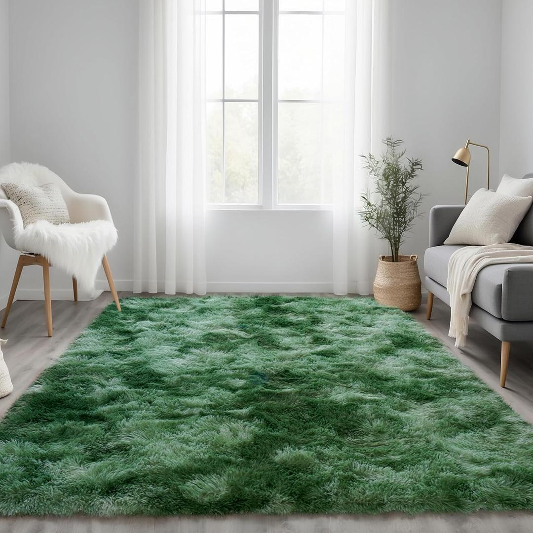 Tie-Dyed Green Fluffy Rug for Bedroom 4x5.9 ft - Ultra Soft & Non Slip Shaggy Area Rug, Comfy Durable Carpet for Living Room Kids Room Teens Dorm Home Decor, 1.7'' Thick Indoor Plush Carpets (4x6 feet)