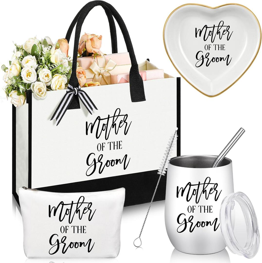 FoldTier 4 Pieces Mother of the Groom Gifts for Wedding Including Canvas Tote Bag for Mother of the Groom with Makeup Bag Tumbler Cup Jewelry Tray Bridal Ring Holder