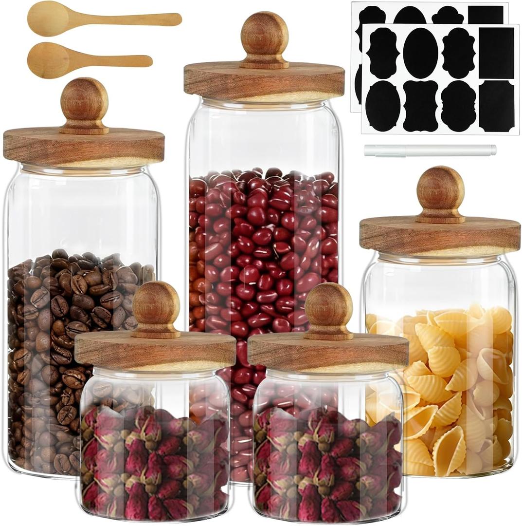 5 Pcs Glass Storage Jars with Wooden lid Clear Spice Food Storage Containers with Label and Pen Candy Airtight Canisters for Kitchen Beans Cookie (4 Sizes)