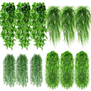 Daifunli 12 Pcs Artificial Hanging Plants Fake Hanging Ferns Plastic Faux Plants for Wall Room Garden Garland Indoor Outdoor Decor No Basket (Boston, Eucalyptus, Ivy Vine, String of Pearls)