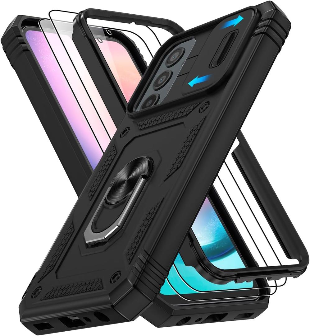 Fit for Samsung A24 Phone Case with 2PCS Screen Protector, Build in 360 Rotating Ring Kickstand, Military Grade Protective Case for Samsung A24 Case Phone, Black