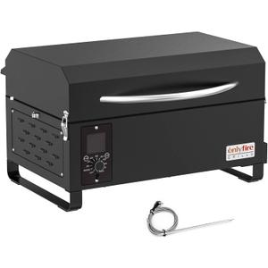 ONLYFIRE GRILLS BBQ Wood Pellet Grill Smoker with Meat Probe, 2 Tiers Cooking Area, Portable Tabletop Grilling Stove for Outdoor Kitchen Cooking Smoke and Roast, RV Camping, Black GS314