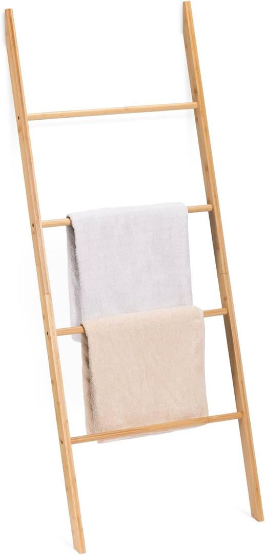 Navaris Bamboo Towel Ladder - Wood Rack for Towels, Clothes, Blankets - Wall Leaning Wooden Rack for Bathroom, Bedroom - 4-Tier Towel Holder Stand