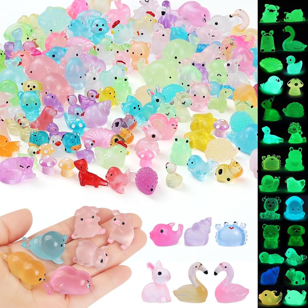 150Pcs Mini Resin Animals Tiny Resin Animals Glow in The Dark Miniature Figurines to Hide for Holiday Party Favors Bag Fillers Miniature Fairy Garden Accessories and Dollhouse Decor