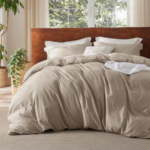 Bedsure 100% Washed Cotton Duvet Cover Full Size - Warm Sand Minimalist Duvet Cover Linen Like for All Seasons - GentleSoft Plain Simple Cotton Bedding, 3 Pieces (Warm Sand, Full, 80"x90") (01 - Khaki (No Comforter))