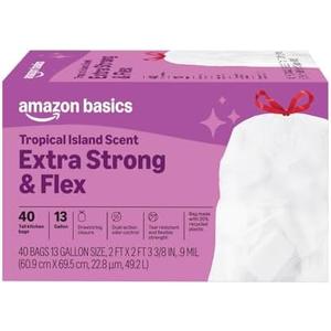 Amazon Basics Extra Strong & Flex Tall Kitchen Drawstring Trash Bags, Tropical Island Scent, 13 Gallon, 40 Count, 2 Pack