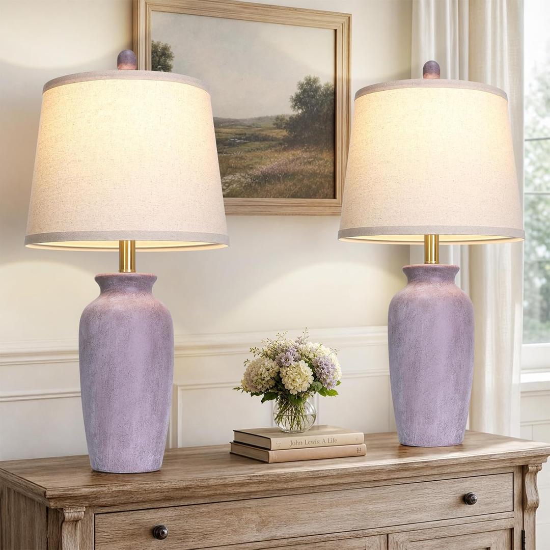 CINSARY 24.5" Farmhouse Jar Ceramic Table Lamps Set of 2, Purple