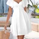 Florboom Women's Sweetheart Knot Front Dress Flutter Sleeve Tie Back A-Line Chiffon Mini Dresses (White, L)