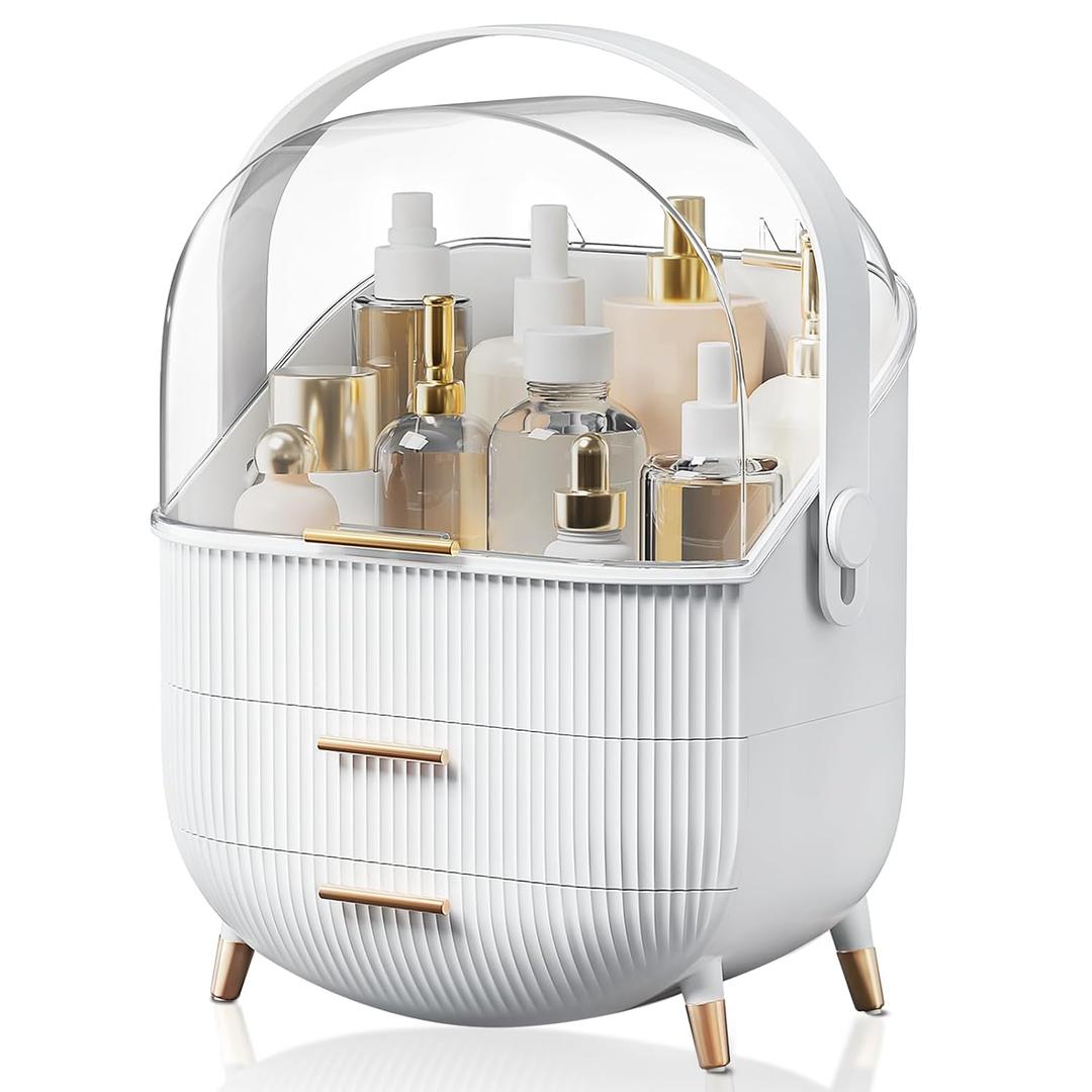 BTGGG Makeup Organizers, Make Up Organizer for Vanity, Countertop Cosmetic Storage with Drawers and Transparent Cover for Bedroom Bathroom, White