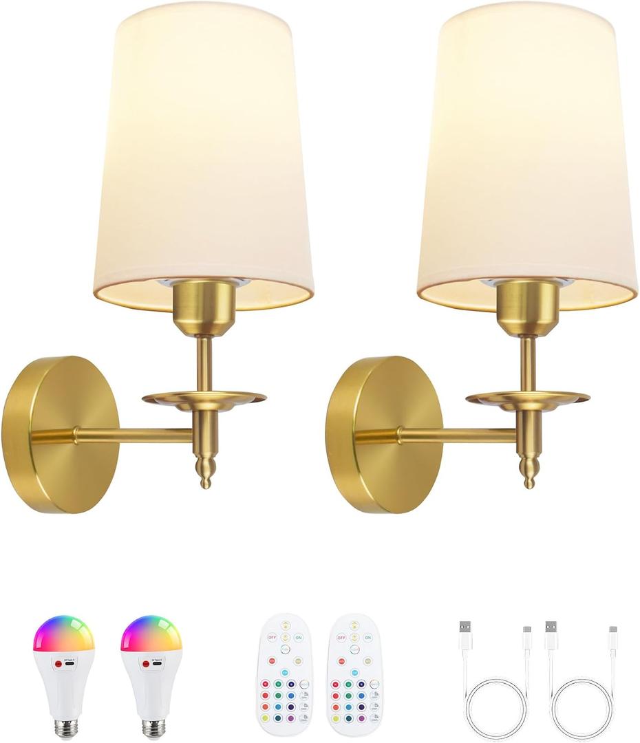 Battery Operated Wall Sconces Set of Two, Wireless Wall Sconces with Remote Control, 3CCT Dimmable Rechargeable Wall Lights, Gold Wall Lamps for Bedroom, Living Room, RGB Bulbs Included, ETL Listed