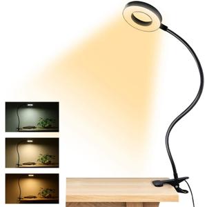 Dpower Clip on Light Reading Lights, 48 LED USB Desk Lamp with 3 Color Modes 10 Brightness, Eye Protection Book Clamp Light, 360  Flexible Gooseneck Clamp Lamp for Desk Headboard Video Conferencing (Black)