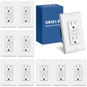 (10 Pack) UNIELE 15 Amp WR GFCI Outlet, Outdoor Weather-Resistant GFI Receptacle, Ground Fault Circuit Interrupter, Wallplate Included, White