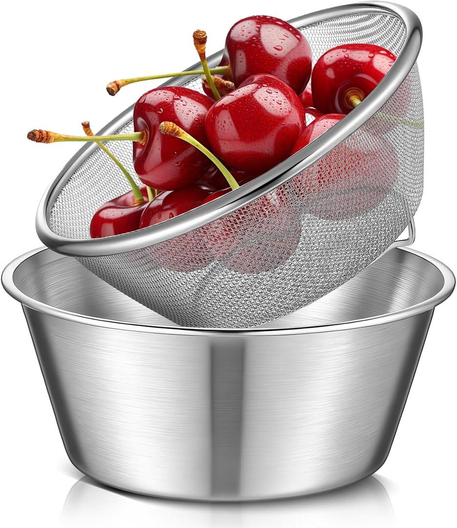 Baderke 2 Pcs Mini 304 Stainless Steel Colander Strainer with Mixing Bowl for Kitchen Cooking Fruit Washing Vegetable (6.3 x 2.76 Inches)