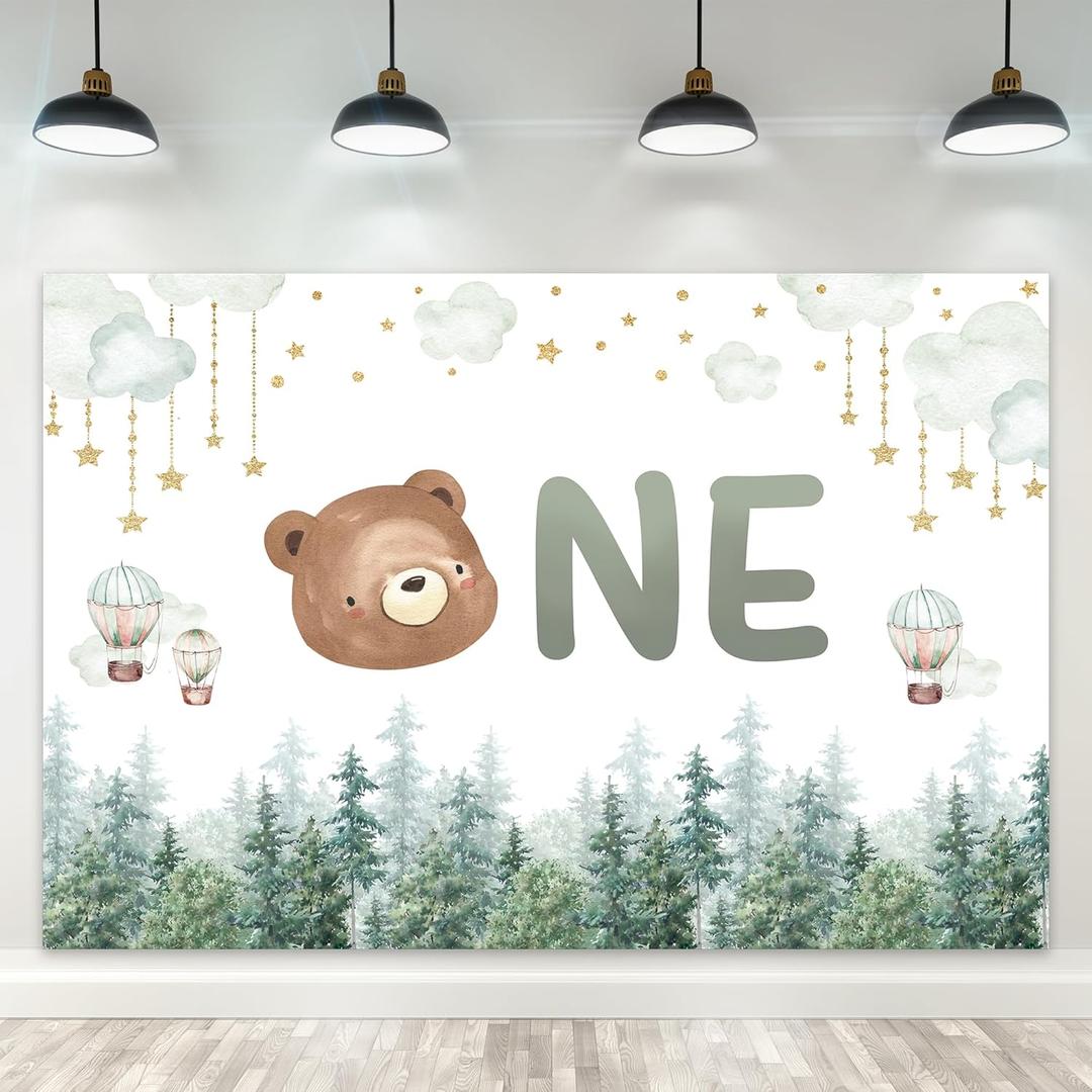 Riyidecor Bear One 1st Birthday Kids Children Backdrop Baby Shower Hot Air Balloons 5Wx3H Feet Polyester Fabric Misty Green Cloud Star Photography Background Cute Table Decor Banner Studio Photo Shoot