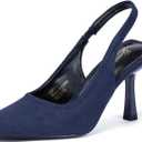GENSHUO Women's Slingback Kitten Heel Pointed Closed Toe Stiletto Pumps Slip on Elastic Strap Wedding Party Dress Sandals Shoes (8, Navy Blue Suede)