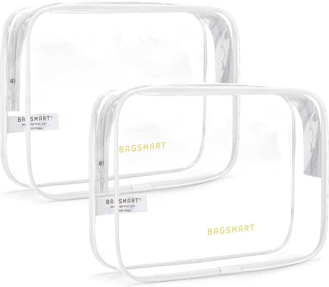 BAGSMART Clear Toiletry Bag, 2 Pack TSA Approved Travel Toiletry Bag Carry on Travel Accessories Bag Airport Airline Quart Size Bags Water Repellent Makeup Cosmetic Bag for Women (White-2pcs)
