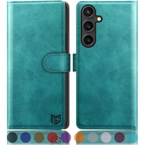 SUANPOT Compatible with Samsung Galaxy S25 Wallet case with RFID Blocking Credit Card Holder,Flip Book PU Leather Protective Cover Women Men for Samsung S25 Phone case Blue Green