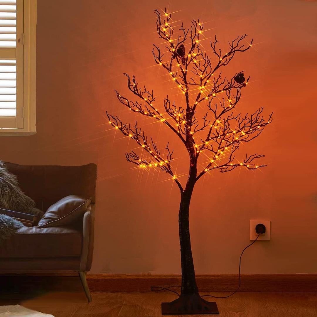 Hairui Lighted Halloween Tree with 150 Orange Fairy Lights 4FT, Spooky Black Tree Lights Plug in for Indoor Outdoor Home Halloween Party Decoration