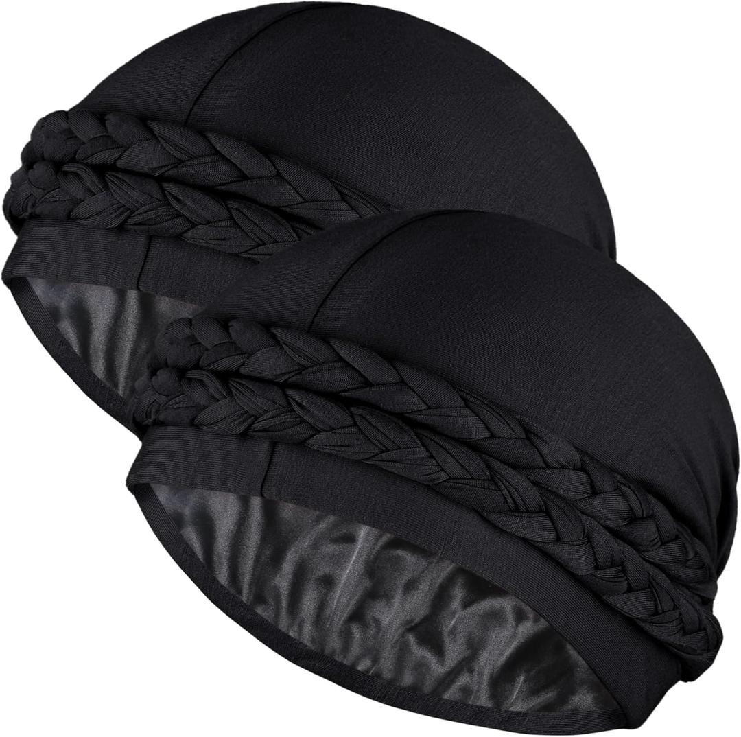 Ababalaya Satin Lined Turban for Women Mens Halo Turban Silky Lined Durag for Waves Braids Locs Sleeping Bonnet Sleep Cap (Blackblack)