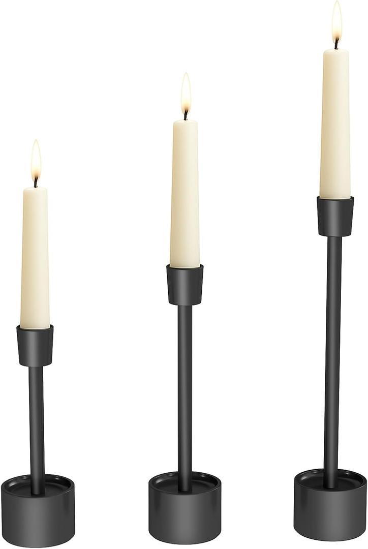 YUMORE Small Candle Holders - Pillar Candle Solid Stainless Steel Stands for Halloween, Wedding Centerpieces, Dining Table, Mantel Decor, Modern Farmhouse, Matte Black 3-Packs