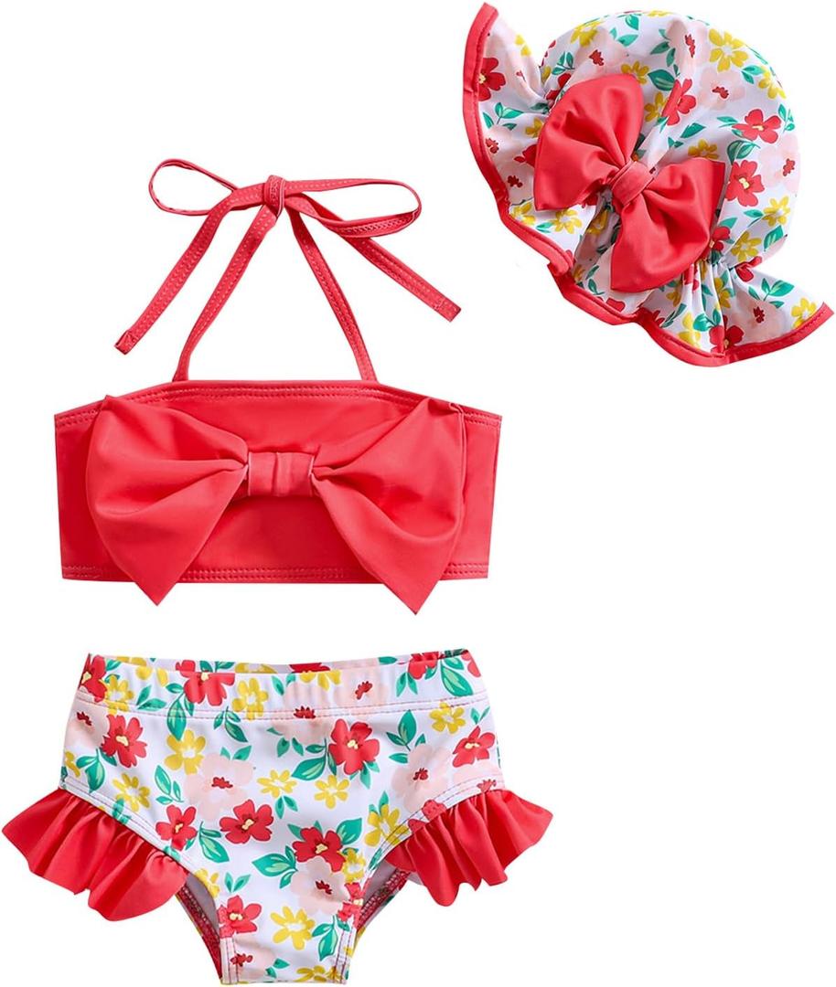 Baby Girl Swimsuit Infant Toddler Girl Bathing Suit Bikini Two Piece Swimwear with Hat (12-18 Months, Red Floral)