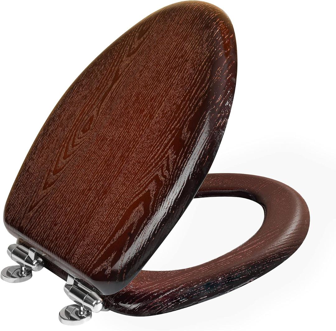 Elongated Slow Close Toilet Seat Support 400 lbs, Heavy Duty Wood Toilet Seat with Natural Wood Veneer for Bathroom, Soft Close Lid with Chrome Hinges, Easy Clean, Easy Install