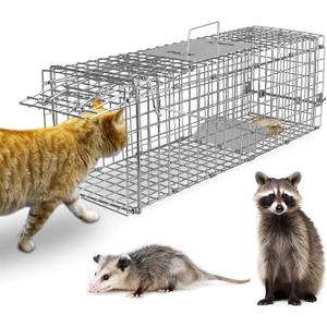 TeqHome Live Animal Cage Trap, Collapsible Humane Live Animal Cage Trap, Galvanized Steel Humane Live Trap Cage for Stray Cat, Groundhog, Raccoon, Squirrel, Chipmunk, Mole, Gopher, Skunk - 24"x7.3"x8"