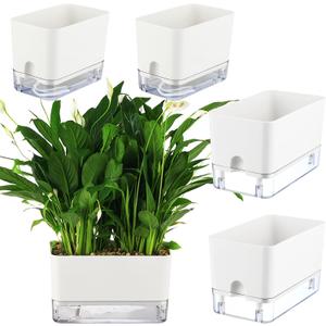 Planterhoma Self Watering Plant Pots for Indoor Plants 7/10 inch, 4 Packs Square Self-Watering Planters with Drainage Hole, White African Violet Pots for Devil's Ivy, Spider Plant, Orchid